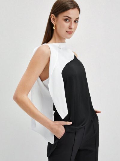 SHEIN BIZwear Women's Sleeveless Color-Blocking Asymmetrical Hem Blouse