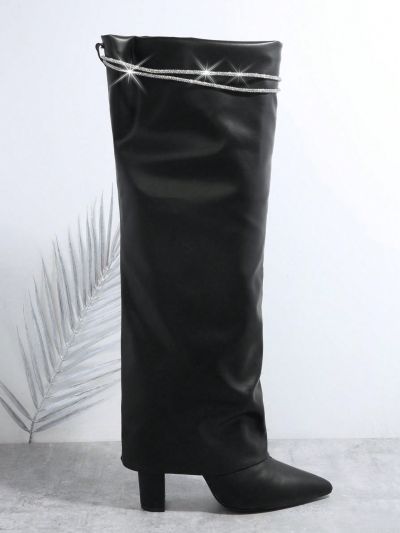 Rhinestone Trim Chunky Heeled Boots
