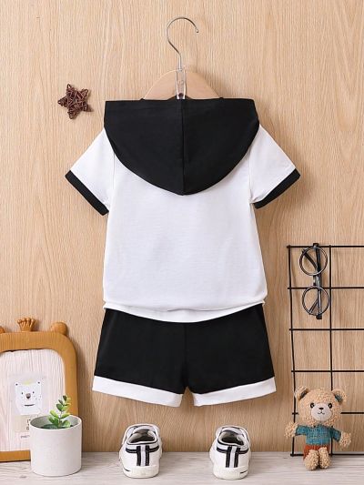 Baby Boys' Colorblock Hooded T-Shirt With Pocket And Shorts Set