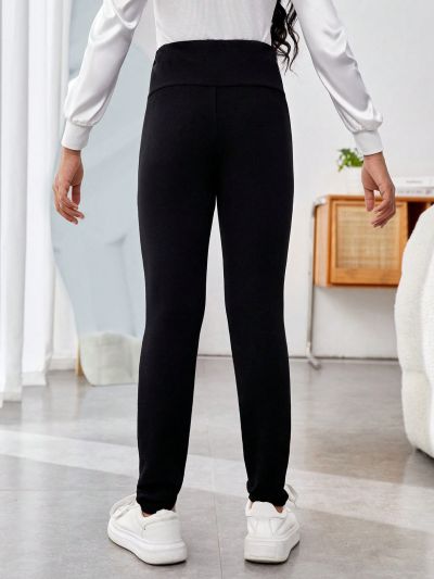 SHEIN Girls' Daily Casual Solid Color Knitted Pants With Slim Fit