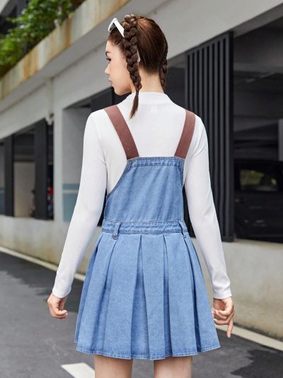 SHEIN Teen Girls' Casual Denim Overall Dress With Pleated Hem