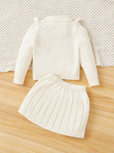 SHEIN Baby Girls' Long Sleeve Embroidered Sweater Cardigan With Collar And Knitted Skirt Set