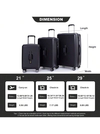 3 Piece Luggage Sets,PC+ABS Lightweight Suitcase with Two Hooks, Spinner Wheels, TSA Lock-21/25/29IN