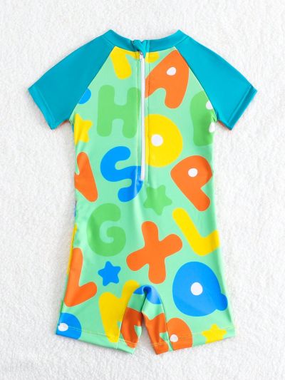 Baby Boy Letter & Cartoon Printed Short Sleeve One Piece Swimsuit
