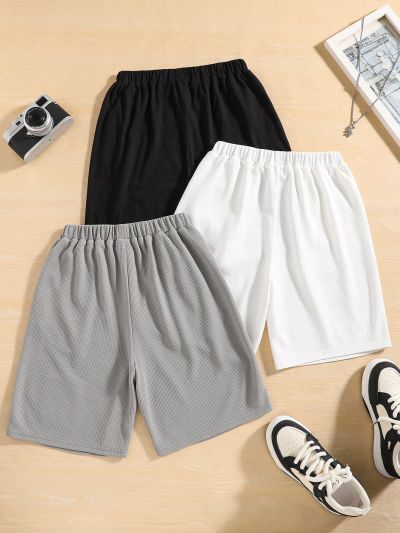 SHEIN Kids EVRYDAY 3pcs/Set Loose Knitted Shorts With Bear Pattern For Tween Boys, Summer