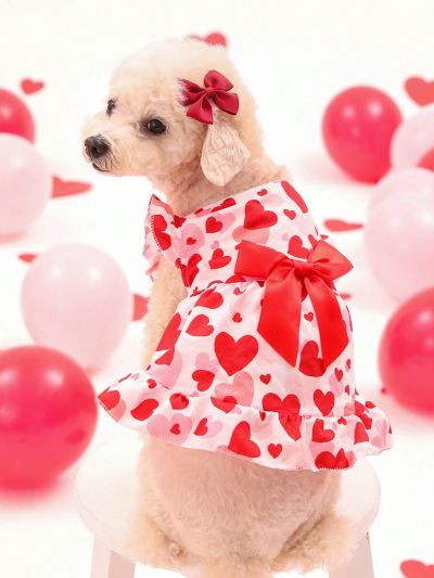 PETSIN Valentine's Day 1pc Pink Love Heart & Red Bow Design Cute Printed Pet Dress For Cats And Dogs With Short Sleeves