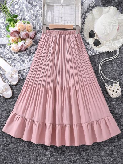 Teen Girls' Sweet Style Elastic Waist Pleated Woven Skirt