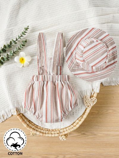 SHEIN Baby Boys' Casual Retro Striped Jumpsuit Suitable For Spring And Summer Outdoor Activities