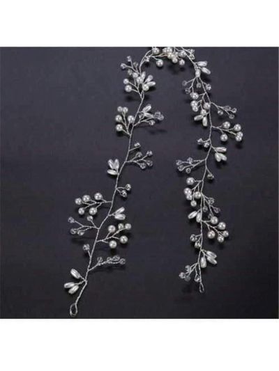 1 pcs Bridal Rose Gold and Gold Silver Extra Long Pearl and Crystal Beads Bridal Hair Vine Wedding Head Piece Headband Hair Jewelry Hair Accessories (Silver 50CM)