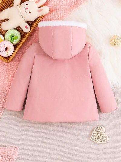 Baby Girls' Mid-Length Padded Coat With Lace Patchwork And Pockets