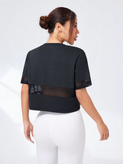Letter Print Mesh Patchwork Short Sleeve Sport T-Shirt