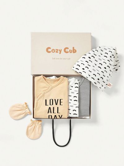Cozy Cub Newborn Baby Boy Gift Set With Cartoon Alphabet Striped Pattern Round Neck Long Sleeve , Hat And Gloves (5pcs)