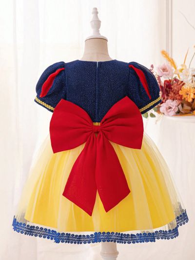 Little Girls' Contrast Color Short Puff Sleeve Mesh Dress For Formal Occasions