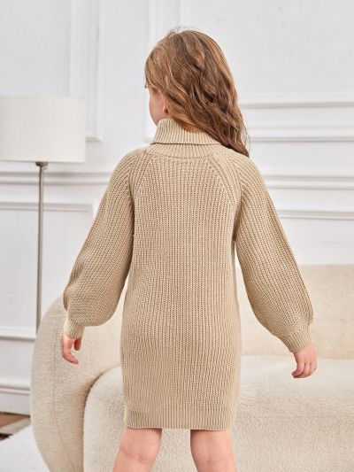 SHEIN Kids Y2Kool Young Girl Turtleneck Button Detail Raglan Sleeve Ribbed Knit Sweater Dress Without Belt