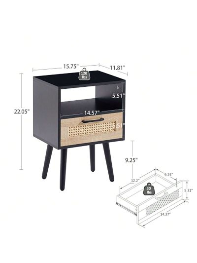 Solid Wood+MDF 15.75" Rattan End table with Power Outlet & USB Ports , Modern nightstand with drawer and solid wood