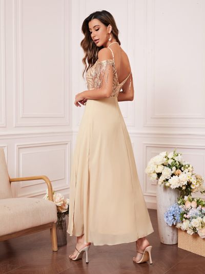 Contrast Sequin Cold Shoulder Split Thigh Chiffon Bridesmaid Dress