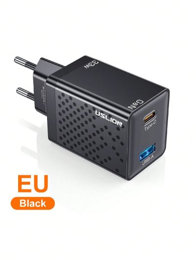 1pc Black 33w Type C + 18w Usb A Qc3.0 Gan Square Holed Eu Plug Charger For Laptop, Xiaomi, Huawei Phone