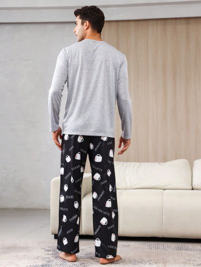 Men's Letter Print Long Sleeve T-shirt And Pants Homewear Set