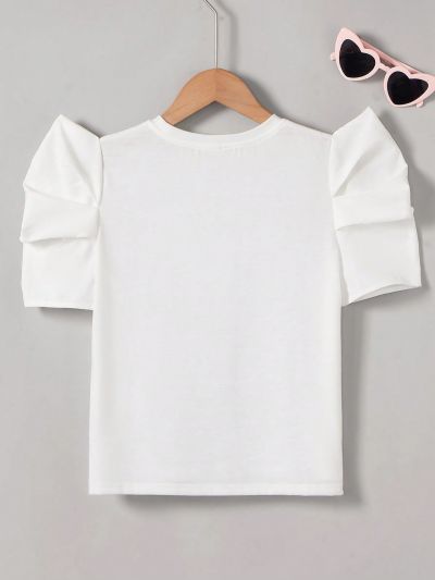 SHEIN Kids SUNSHNE Tween Girls' Loose Fit Casual T-Shirt With Character & Letter Print And Lantern Sleeves