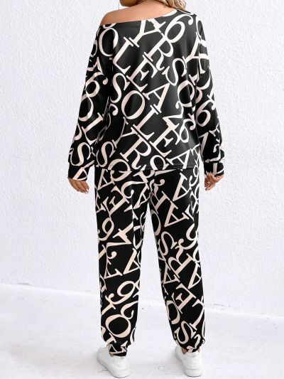 Plus Size Women'S Irregular Neck Letter Print Top And Pants Set