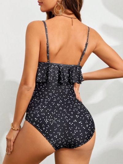 SHEIN Pregnant Women'S Polka Dot Print Ruffle Hem One-Piece Swimsuit With Spaghetti Straps