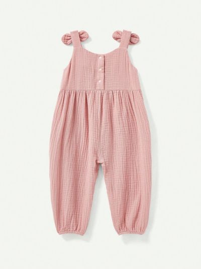 Cozy Cub Baby Girl Sleeveless Round Neck Jumpsuit With Bow Decoration, Solid Color