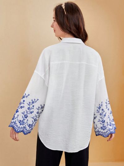 SHEIN Teenage Girls' Embroidered Woven Sleeve Casual Long Sleeve Shirt