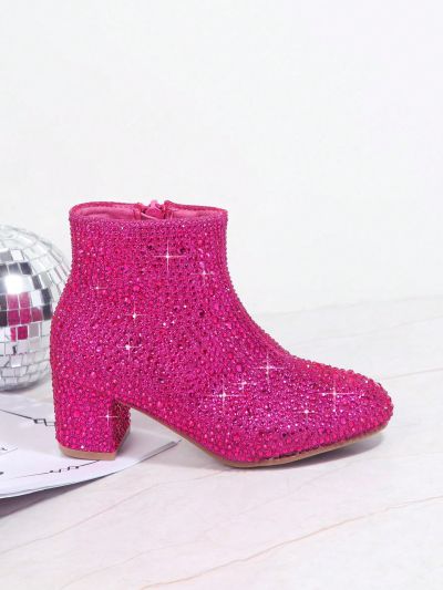 Girls Rhinestone Decor Side Zipper Chunky Boots