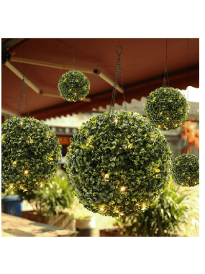 Solar Powered LED Artificial Topiary Ball Decorative Pre-lit Faux Boxwood Greenery Hanging Plant Ball for Outdoor Lawn Garden Decor