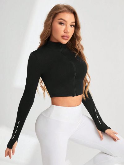 SHEIN Yoga Basic Solid Color Zipper Front Thumb Hole Sports Jacket