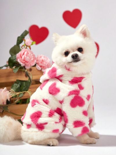 PETSIN Valentine'S Day Pink & White Plush Hoodie With Heart Pattern