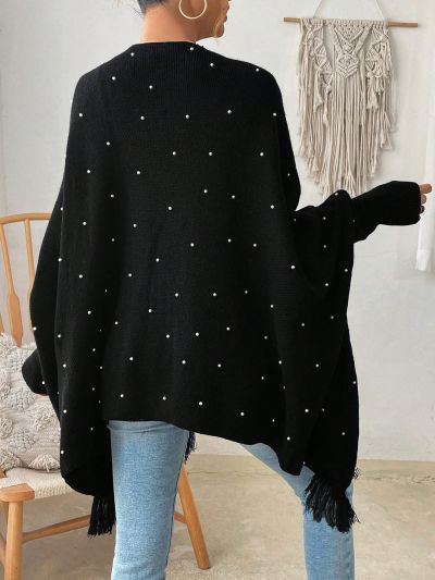 SHEIN LUNE Pearl Studded Fringe Hem Open Front Cardigan