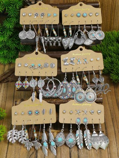 36pairs Bohemian Style Geometric Shape Multicolor Beaded Zinc Alloy Drop Earrings Set For Women