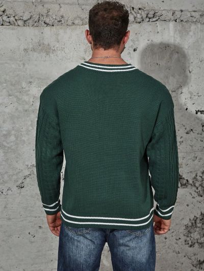 Extended Sizes Men Plus Striped Trim Drop Shoulder Cable Knit Sweater