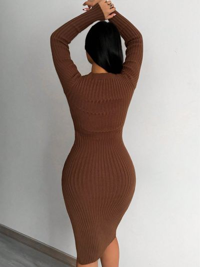 SHEIN SXY Women'S Split Hem Imitation Pearl Button Detail Ribbed Knit Sweater Dress