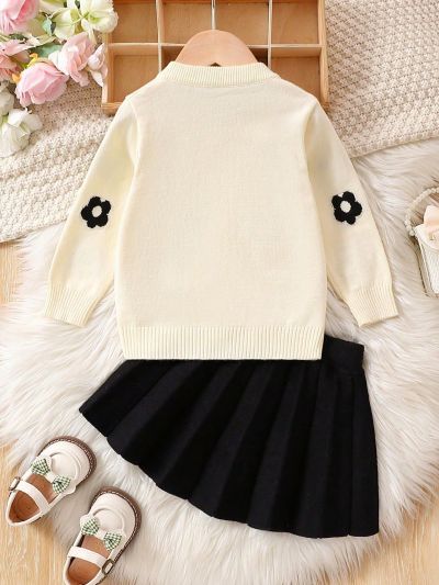 Baby Girls' Casual Romantic Lovely Flower Pattern Sweater And Short Skirt Set
