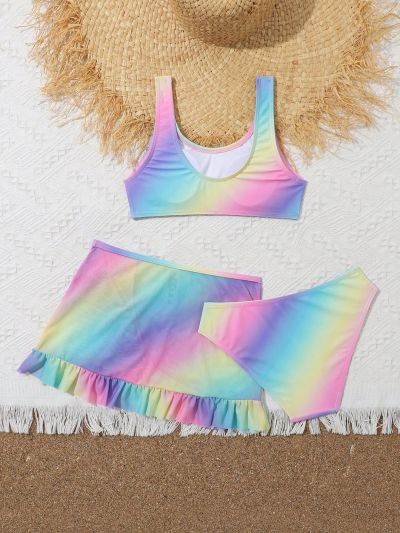 Tween Girl Gradient Color Separated Swimsuit Set, 3pcs