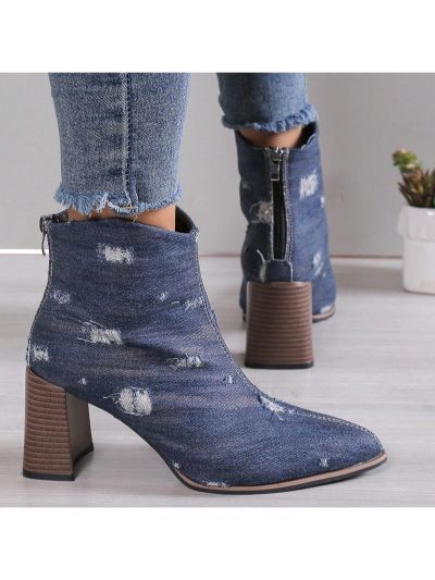 Autumn & Winter Women's Sexy Pointed Toe High-heeled Brogue Low-cut Jeans Rider Boots (with Holes), Fashion Trendy (british & Korean Style)