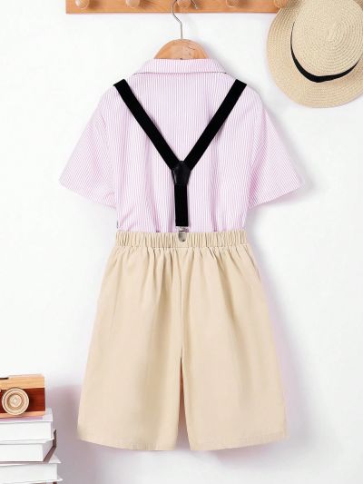 SHEIN Kids FANZEY Tween Boys' Handsome Striped Collared Shirt With Woven Bow Tie And Detachable Braces Shorts Set