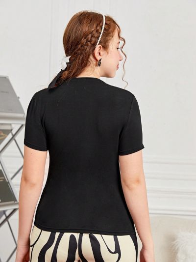 SHEIN Teen Girl Knitted Solid Color Stand Collar Casual Short Sleeve T-Shirt