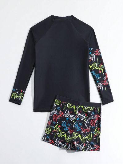 Tween Boys' Long Sleeve Swimsuit And Swim Trunks With Game Machine Print