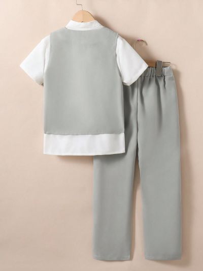 SHEIN Kids FANZEY Tweens Boys' Single-Breasted Vest Short Sleeve Dress Shirt And Pants Set, Gentleman Outfit