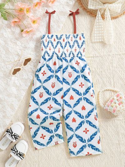 Baby Girls' Spring/Summer Vacation Style Leaf Print Cami Jumpsuit In Wrap Design
