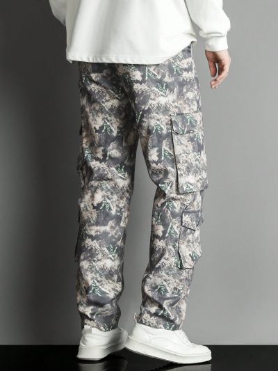 Men Plus Allover Print Flap Pocket Side Cargo Pants