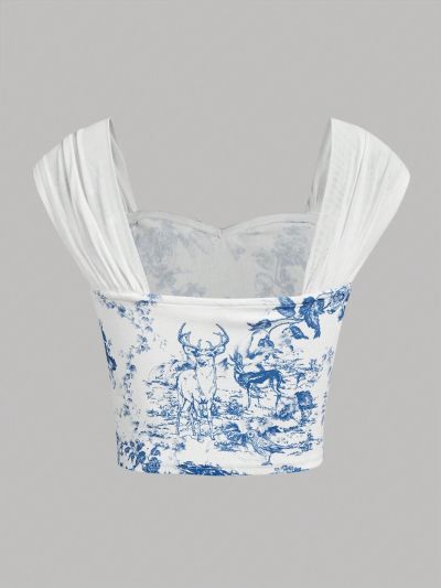 SHEIN Teen Girls' Plant & Character Printed Mesh Splice Off Shoulder T-Shirt