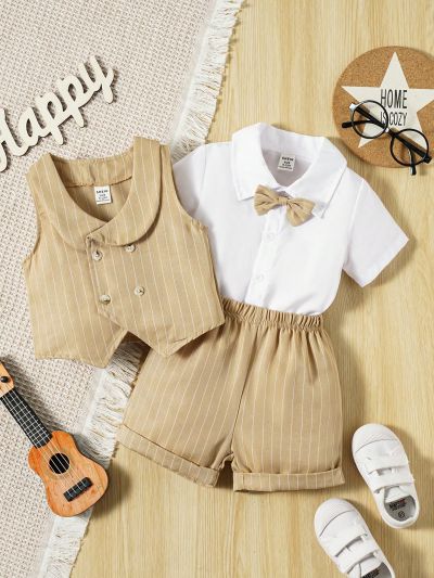 2pcs/Set Baby Boy Elegant Academy Vintage Gentleman Style Striped Vest And Shorts