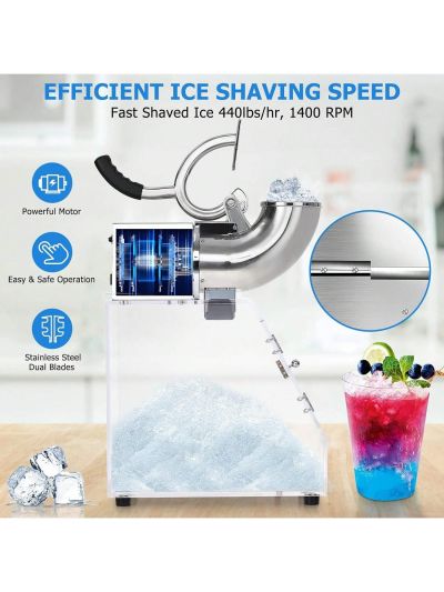 Commercial Ice Crusher Shaver Snow Cone Maker Machine with Acrylic Box, Stainless Steel Electric Dual Blades