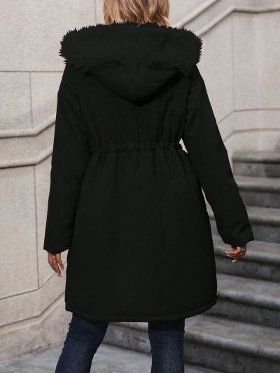 Plus Size Fuzzy Embellished Winter Coat With Drawstring Waist And Warm Lining Hood