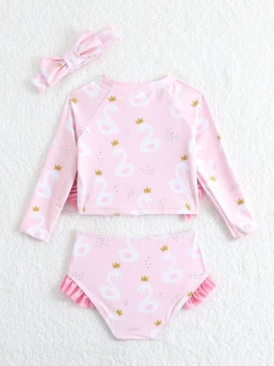 Baby Girl's Swan Printed Patchwork Long Sleeve Rash Guard Swimsuit With Ruffled Hem