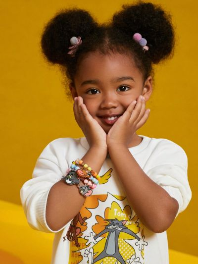 TOM & JERRY X SHEIN Cute Cat And Mouse Design Girls Beaded Elastic Bracelet Set, 3pcs/set